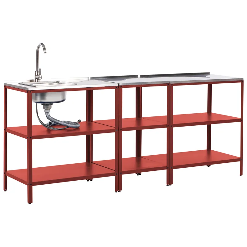 3-delt udekøkken med vask Vilama Stål, Rød/Sølv