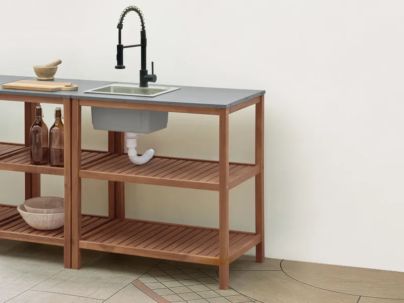 Køkkenø med vask til udendørs brug Brucoli akacietræ - Brun/Grå/Sort/Sølv - Have - Grill - Udekøkken - Komplette udekøkkener