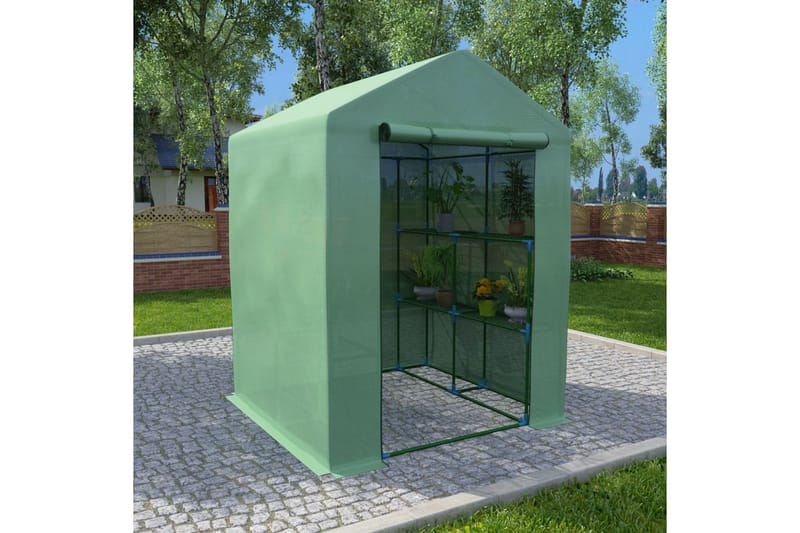 Drivhus med Hylder 143x143x195 cm Stål - Grøn - Have - Havearbejde & dyrkning - Drivhuse