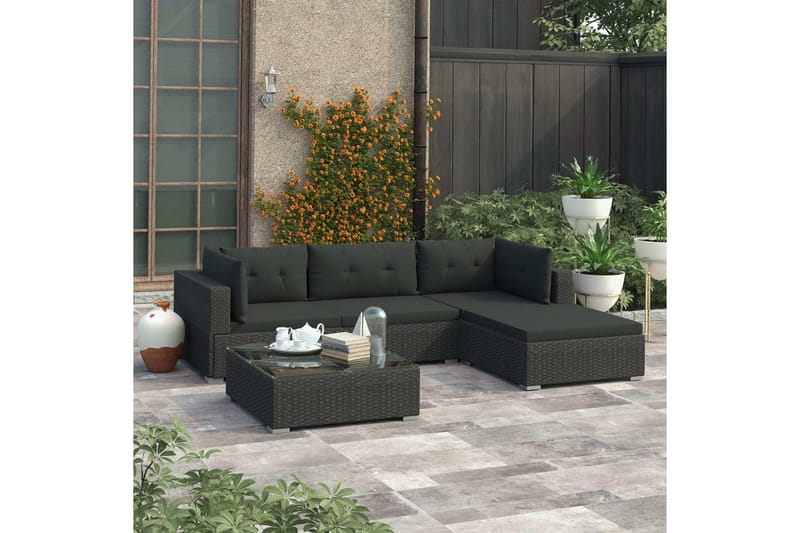 Haveloungesæt 5 dele med hynder polyrattan sort - Sort - Have - Udendørs miljø - Altan & terrasse - Altanmøbler