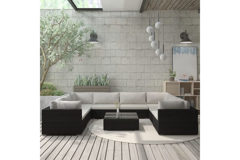 Haveloungesæt 9 dele med hynder polyrattan sort - Sort - Have - Udendørs miljø - Altan & terrasse - Altanmøbler