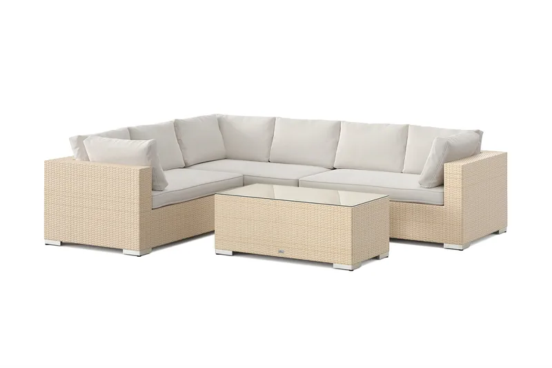 Bahamas L-formet udendørs sofa højre, 6-pers med bord, Sand