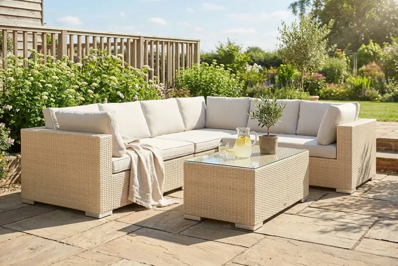 Bahamas L-formet udendørs sofa højre, 6-pers med bord - Beige - Have - Udendørs miljø - Altan & terrasse - Altanmøbler