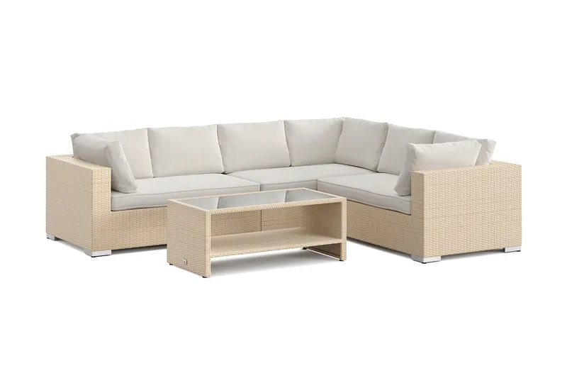 Bahamas L-formet udendørs sofa højre, 6-pers med bord og hylde - Beige - Have - Udendørs miljø - Altan & terrasse - Altanmøbler