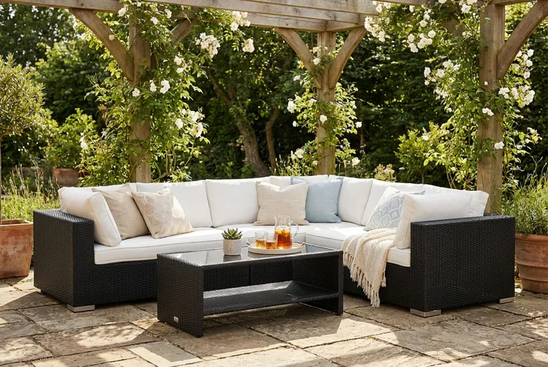 Bahamas L-formet udendørs sofa højre, 6-pers med bord og hylde - Sort - Have - Udendørs miljø - Altan & terrasse - Altanmøbler