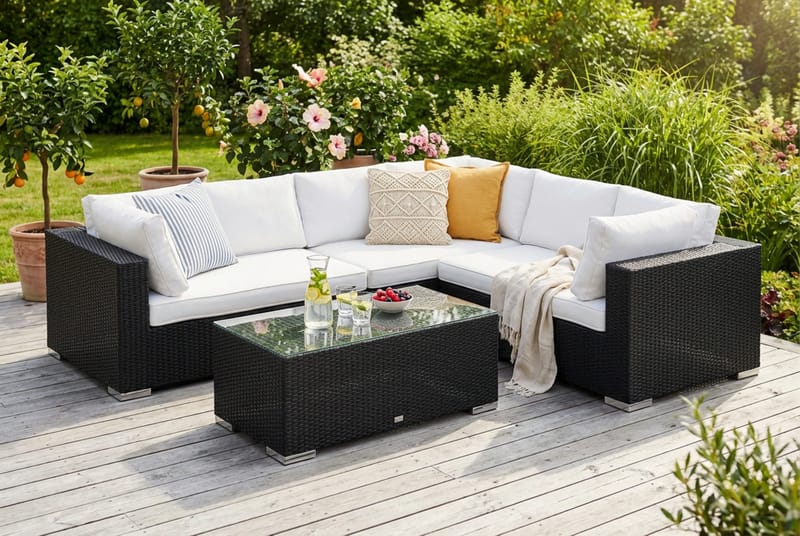 Bahamas L-formet udendørs sofa højre, 6-pers med bord - Sort - Have - Udendørs miljø - Altan & terrasse - Altanmøbler