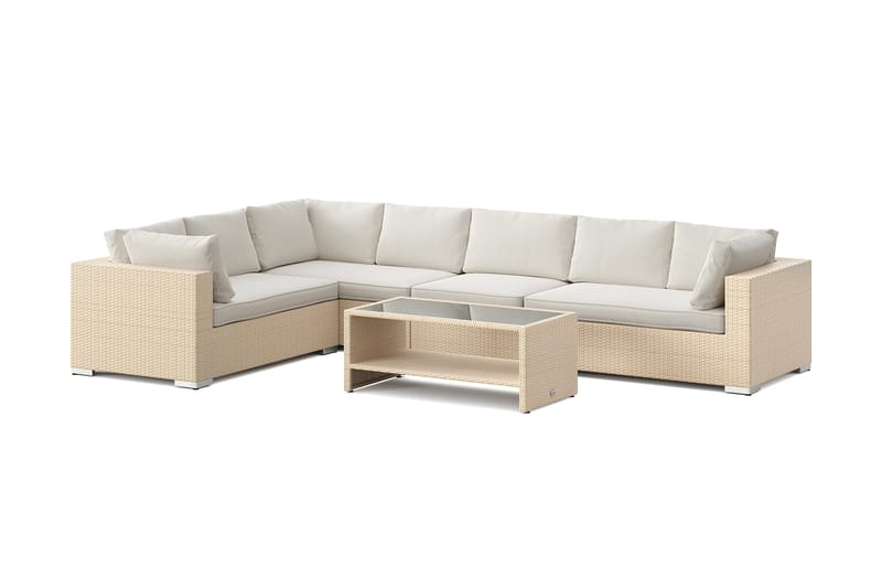 Bahamas L-formet udendørs sofa højre, 7-pers med bord og hylde, Beige