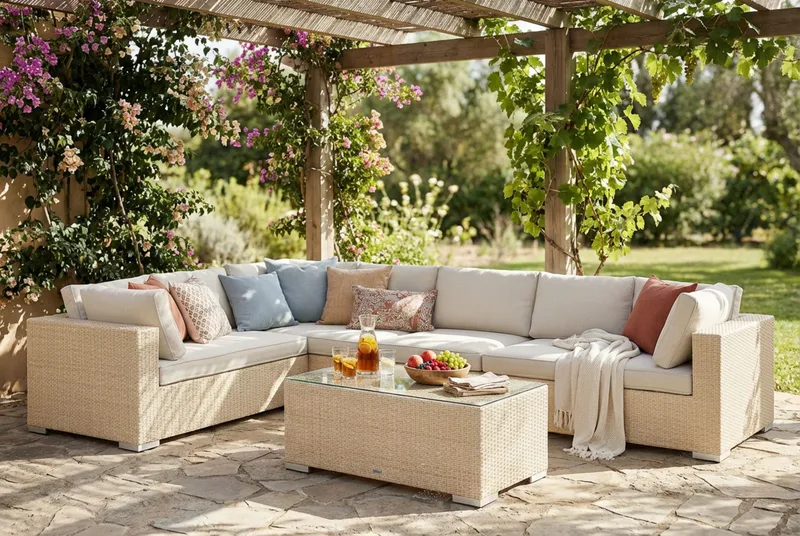 Bahamas L-formet udendørs sofa højre, 7-pers med bord - Beige - Have - Udendørs miljø - Altan & terrasse - Altanmøbler