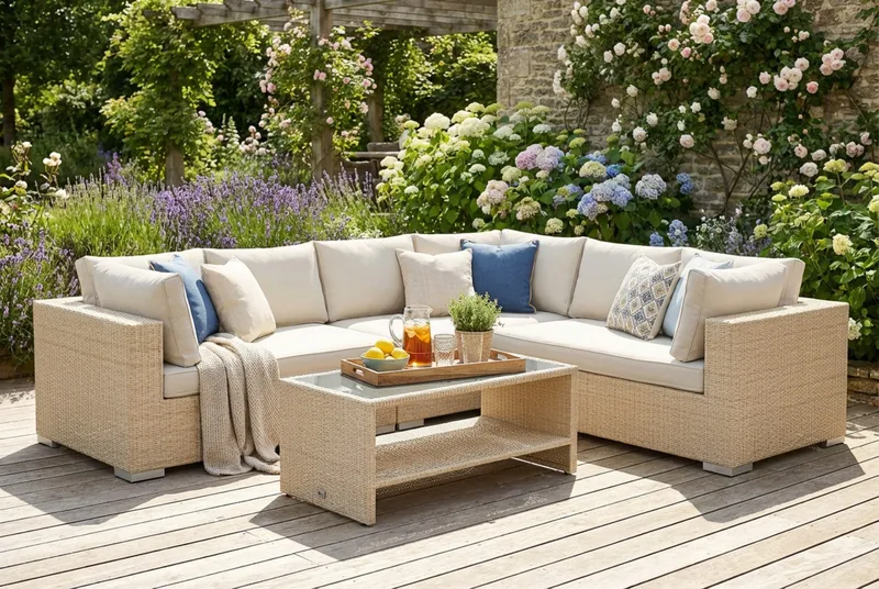 Bahamas L-formet udendørs sofa venstre, 6-pers med bord og hylde - Beige - Have - Udendørs miljø - Altan & terrasse - Altanmøbler