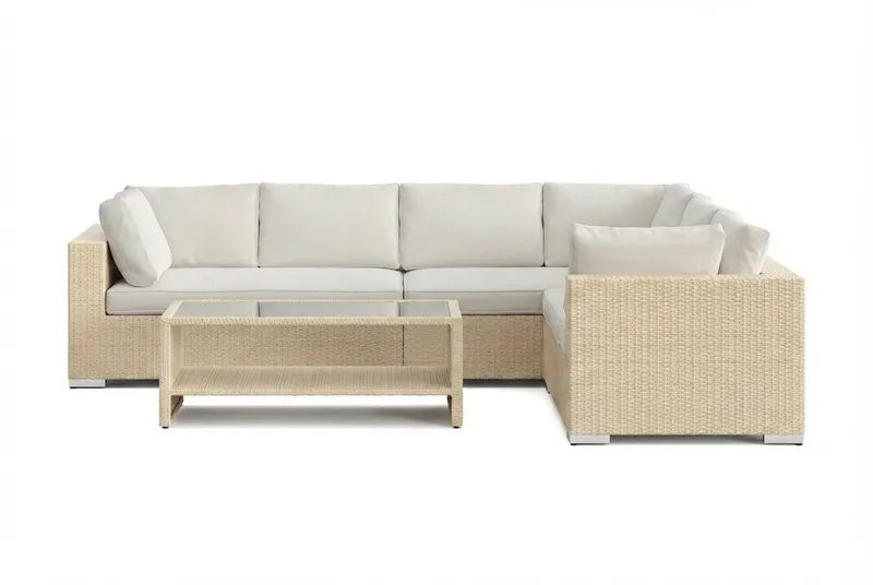 Bahamas L-formet udendørs sofa venstre, 6-pers med bord og hylde - Beige - Have - Udendørs miljø - Altan & terrasse - Altanmøbler