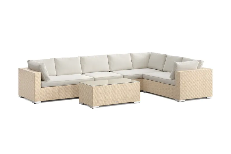 Bahamas L-formet udendørs sofa venstre, 7-pers med bord, Sand