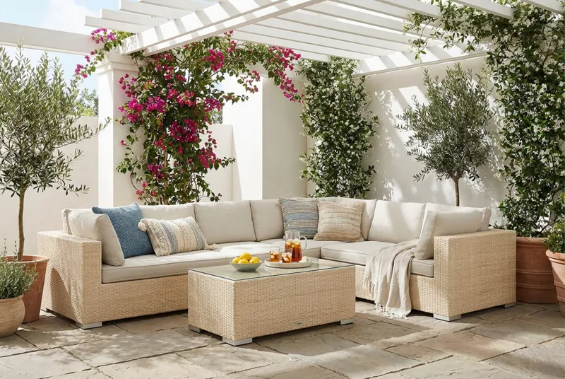 Bahamas L-formet udendørs sofa venstre, 7-pers med bord - Beige - Have - Udendørs miljø - Altan & terrasse - Altanmøbler
