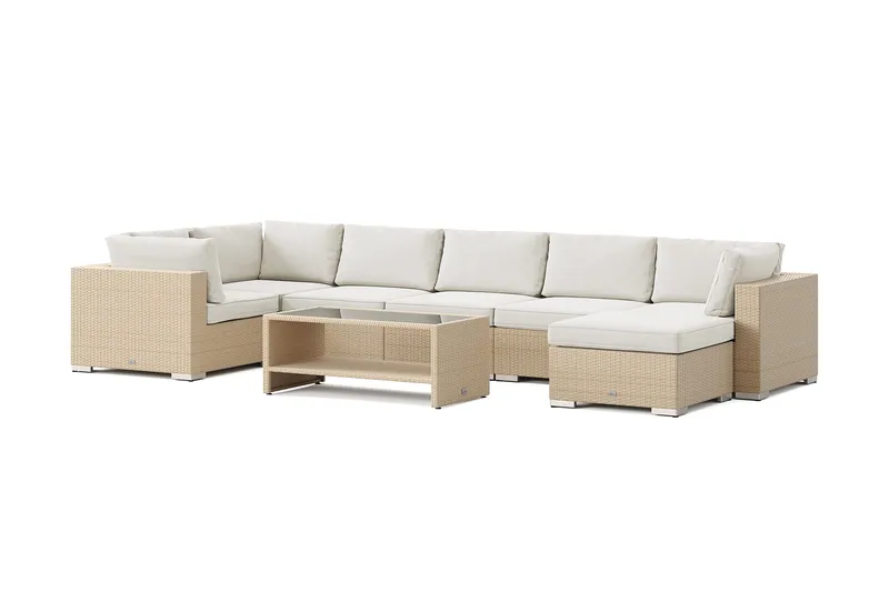 Bahamas U-formet udendørs loungegruppe 7-pers med vendbar divan og bord med hylde, Beige