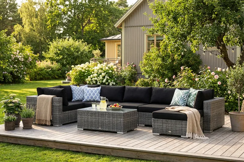 Bahamas U-formet udendørs loungegruppe 7-pers med vendbar divan og bord - Grå - Have - Udendørs miljø - Altan & terrasse - Altanmøbler