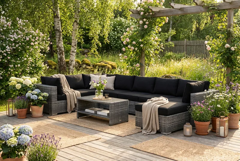 Bahamas U-formet udendørs loungegruppe 7-pers med vendbar divan og bord med hylde - Grå - Have - Udendørs miljø - Altan & terrasse - Altanmøbler