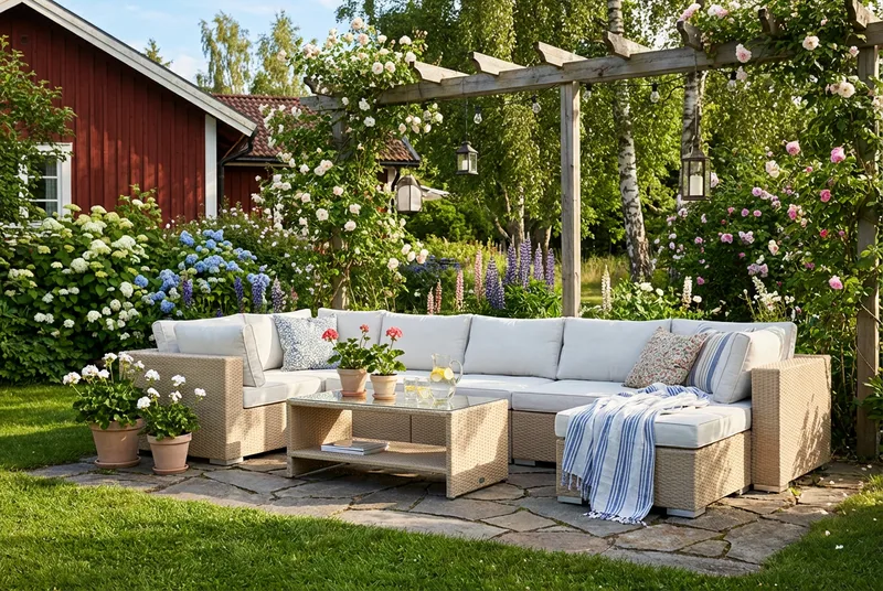 Bahamas U-formet udendørs loungegruppe 7-pers med vendbar divan og bord med hylde - Beige - Have - Udendørs miljø - Altan & terrasse - Altanmøbler