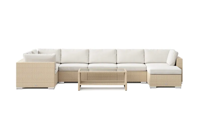 Bahamas U-formet udendørs loungegruppe 7-pers med vendbar divan og bord med hylde - Beige - Have - Udendørs miljø - Altan & terrasse - Altanmøbler