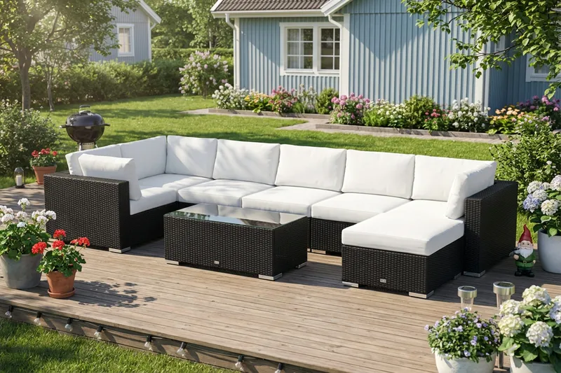 Bahamas U-formet udendørs loungegruppe 7-pers med vendbar divan og bord - Sort - Have - Udendørs miljø - Altan & terrasse - Altanmøbler