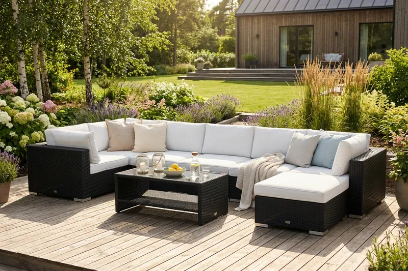 Bahamas U-formet udendørs loungegruppe 7-pers med vendbar divan og bord med hylde - Sort - Have - Udendørs miljø - Altan & terrasse - Altanmøbler