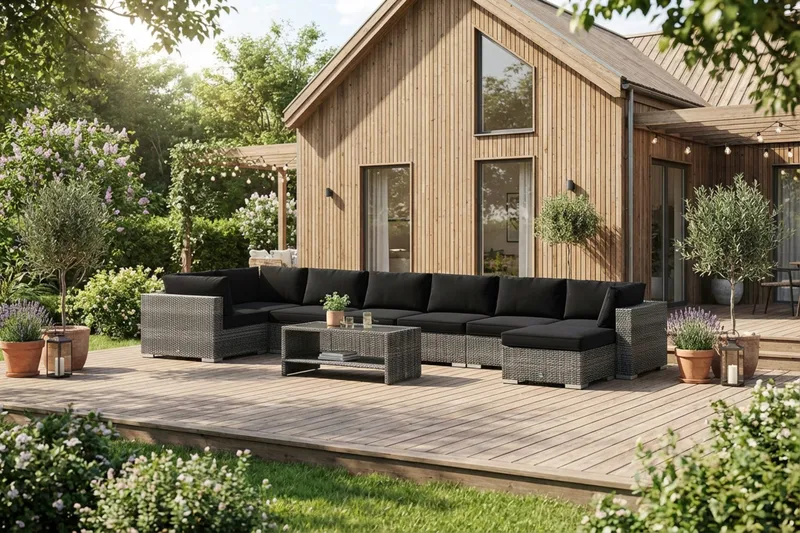 Bahamas U-formet udendørs loungegruppe 8-pers med vendbar divan og bord med hylde - Grå - Have - Udendørs miljø - Altan & terrasse - Altanmøbler