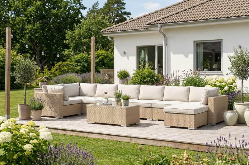 Bahamas U-formet udendørs loungegruppe 8-pers med vendbar divan og bord - Beige - Have - Udendørs miljø - Altan & terrasse - Altanmøbler