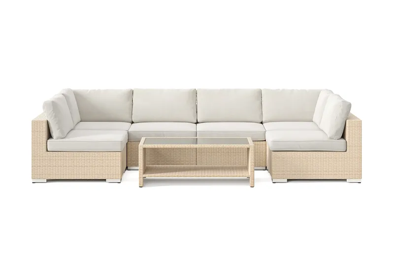 Bahamas U-formet udendørs loungegruppe med åben afslutning, 6-pers med bord og hylde - Beige - Have - Udendørs miljø - Altan & terrasse - Altanmøbler