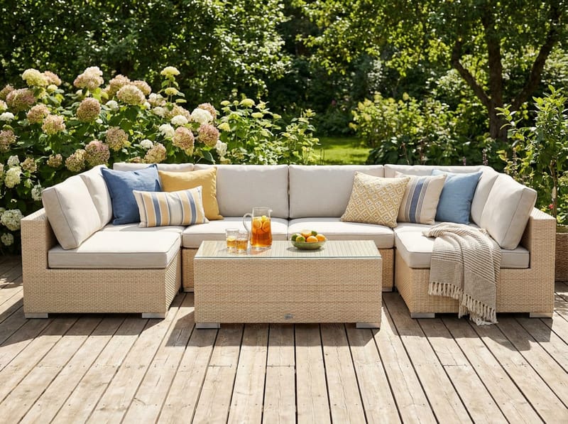 Bahamas U-formet udendørs loungegruppe med åben afslutning, 6-pers med bord - Beige - Havemøbler - Loungemøbler - Sofagrupper udendørs