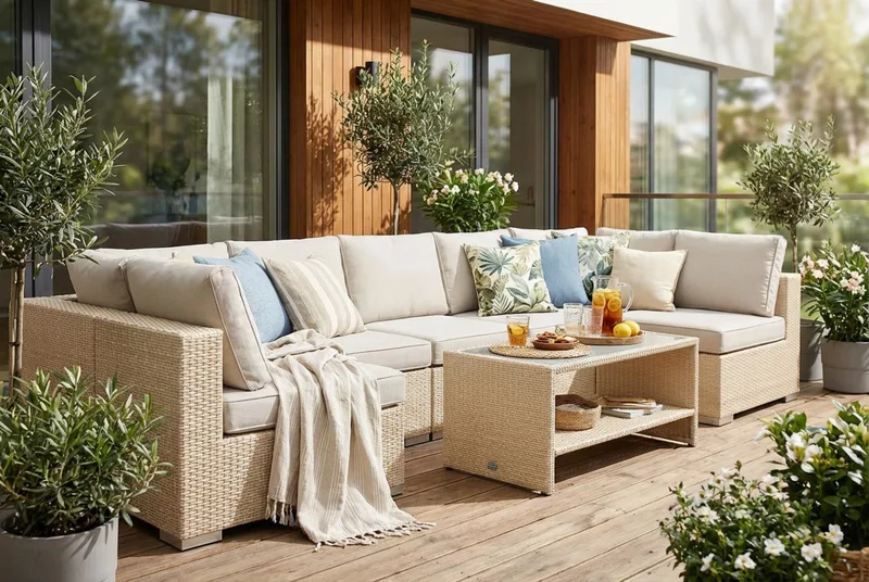 Bahamas U-formet udendørs loungegruppe med åben afslutning, 7-pers med bord og hylde - Beige - Have - Udendørs miljø - Altan & terrasse - Altanmøbler