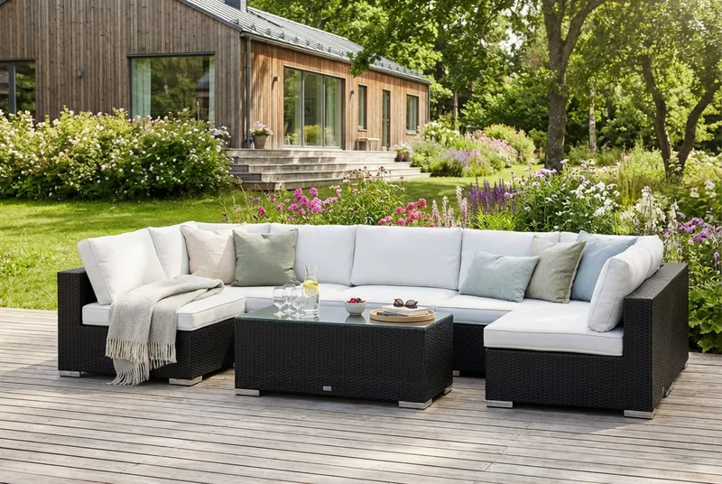 Bahamas U-formet udendørs loungegruppe med åben afslutning, 7-pers med bord - Sort - Have - Udendørs miljø - Altan & terrasse - Altanmøbler