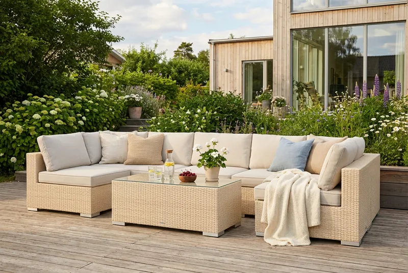 Bahamas U-formet udendørs loungegruppe med åben afslutning, 7-pers med bord - Beige - Have - Udendørs miljø - Altan & terrasse - Altanmøbler