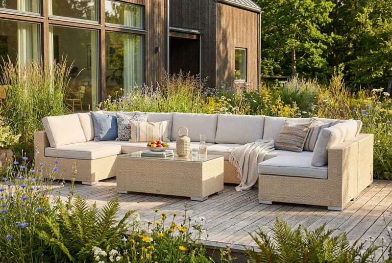 Bahamas U-formet udendørs loungegruppe med åben afslutning, 8-pers med bord - Beige - Have - Udendørs miljø - Altan & terrasse - Altanmøbler