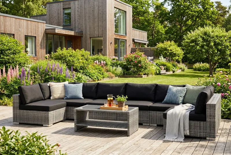 Bahamas U-formet udendørs loungegruppe med åben afslutning, 8-pers med bord og hylde - Grå - Have - Udendørs miljø - Altan & terrasse - Altanmøbler