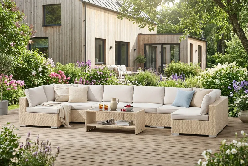 Bahamas U-formet udendørs loungegruppe med åben afslutning, 8-pers med bord og hylde - Beige - Have - Udendørs miljø - Altan & terrasse - Altanmøbler