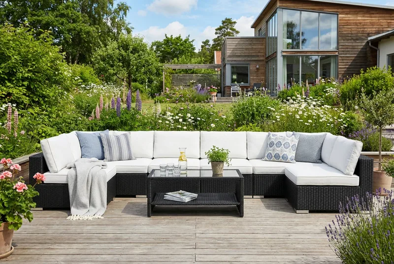 Bahamas U-formet udendørs loungegruppe med åben afslutning, 8-pers med bord og hylde - Sort - Have - Udendørs miljø - Altan & terrasse - Altanmøbler