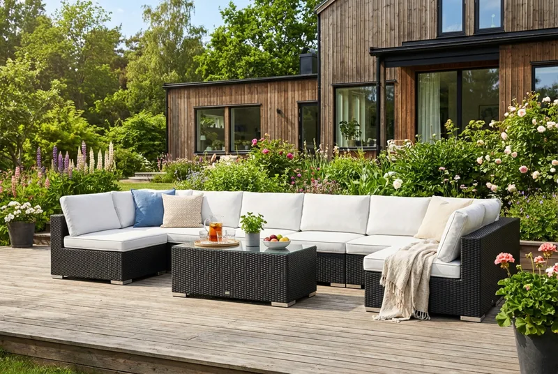 Bahamas U-formet udendørs loungegruppe med åben afslutning, 8-pers med bord - Sort - Have - Udendørs miljø - Altan & terrasse - Altanmøbler