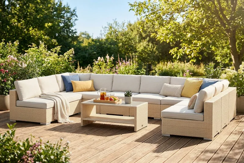 Bahamas U-formet udendørs loungegruppe med åben afslutning, 9-pers med bord - Beige - Have - Udendørs miljø - Altan & terrasse - Altanmøbler