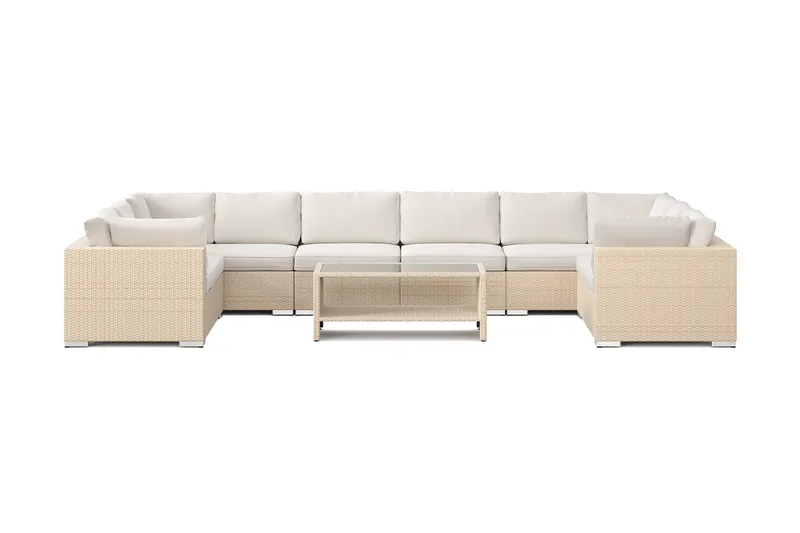 Bahamas U-formet udendørs loungegruppe med lukket afslutning, 10-pers med bord og hylde - Beige - Have - Udendørs miljø - Altan & terrasse - Altanmøbler