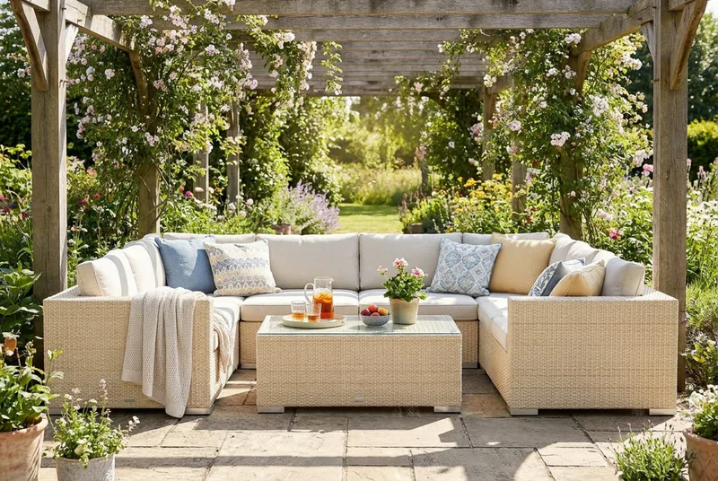 Bahamas U-formet udendørs loungegruppe med lukket afslutning, 6-pers med bord - Beige - Havemøbler - Loungemøbler - Sofagrupper udendørs