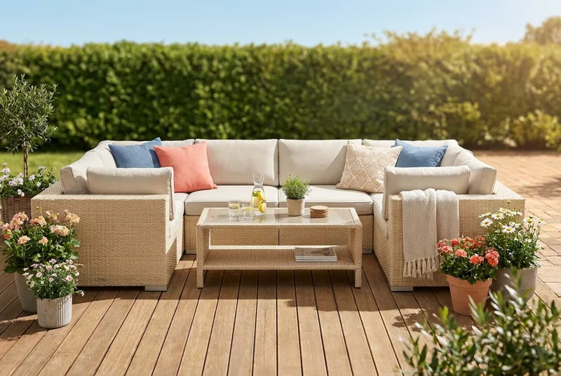 Bahamas U-formet udendørs loungegruppe med lukket afslutning, 6-pers med bord og hylde - Beige - Have - Udendørs miljø - Altan & terrasse - Altanmøbler
