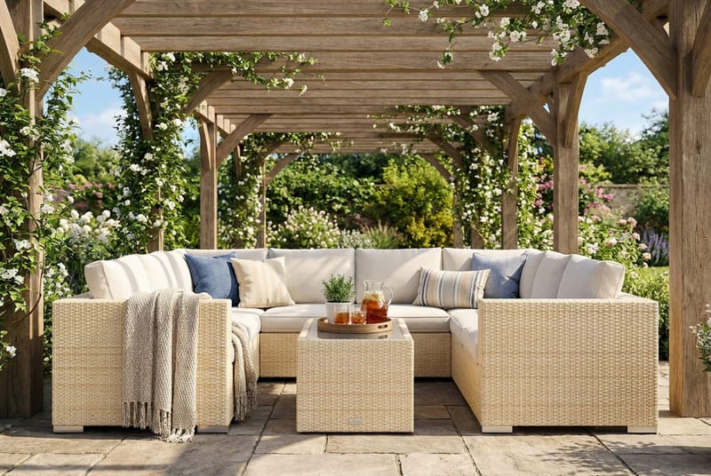 Bahamas U-formet udendørs loungegruppe med lukket afslutning, 8-pers med bord og hylde - Beige - Have - Udendørs miljø - Altan & terrasse - Altanmøbler