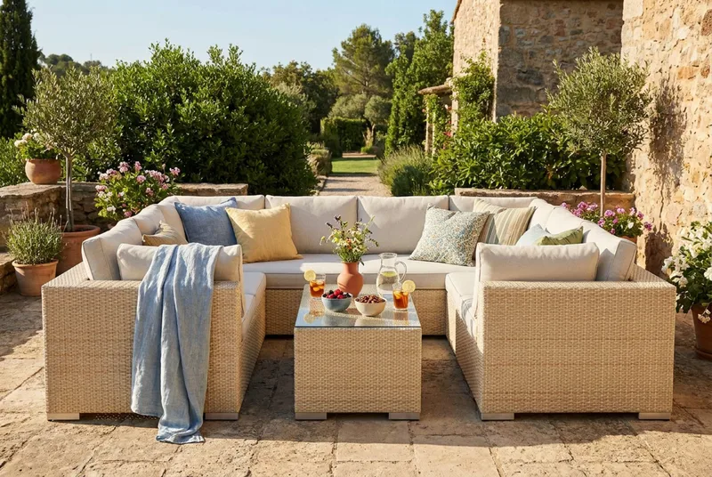 Bahamas U-formet udendørs loungegruppe med lukket afslutning, 8-pers med bord - Beige - Have - Udendørs miljø - Altan & terrasse - Altanmøbler