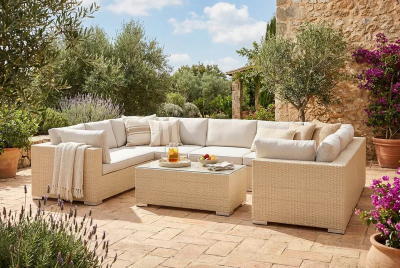 Bahamas U-formet udendørs loungegruppe med lukket afslutning, 9-pers med bord - Beige - Have - Udendørs miljø - Altan & terrasse - Altanmøbler