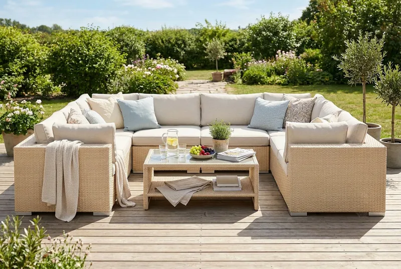 Bahamas U-formet udendørs loungegruppe med lukket afslutning, 9-pers med bord og hylde - Beige - Have - Udendørs miljø - Altan & terrasse - Altanmøbler