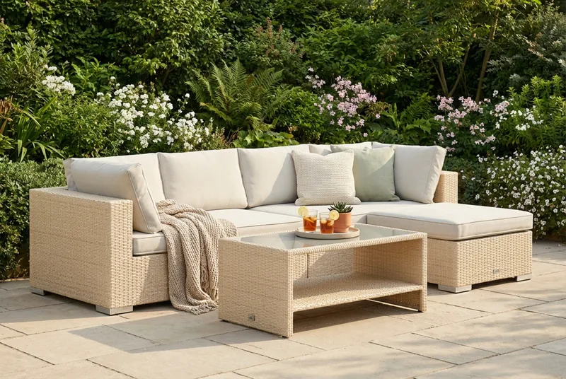 Bahamas udendørs divansofa 5-pers med vendbar divan og bord med hylde - Beige - Have - Udendørs miljø - Altan & terrasse - Altanmøbler