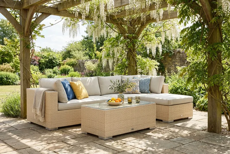 Bahamas udendørs divansofa 5-pers med vendbar divan og bord - Beige - Have - Udendørs miljø - Altan & terrasse - Altanmøbler