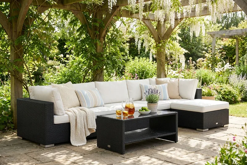 Bahamas udendørs divansofa 6-pers med vendbar divan og bord med hylde - Sort - Have - Udendørs miljø - Altan & terrasse - Altanmøbler
