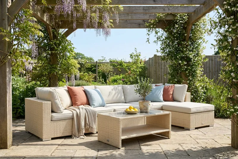 Bahamas udendørs divansofa 6-pers med vendbar divan og bord med hylde - Beige - Have - Udendørs miljø - Altan & terrasse - Altanmøbler