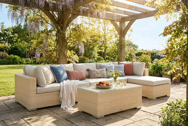 Bahamas udendørs divansofa 6-pers med vendbar divan og bord - Beige - Have - Udendørs miljø - Altan & terrasse - Altanmøbler