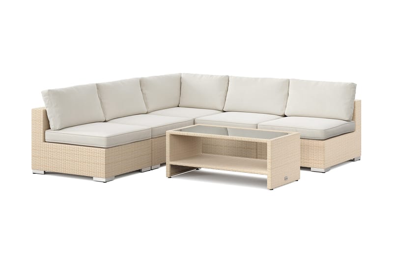 Bahamas udendørs hjørnesofa 5-pers vendbar med åben afslutning og bord med hylde, Beige