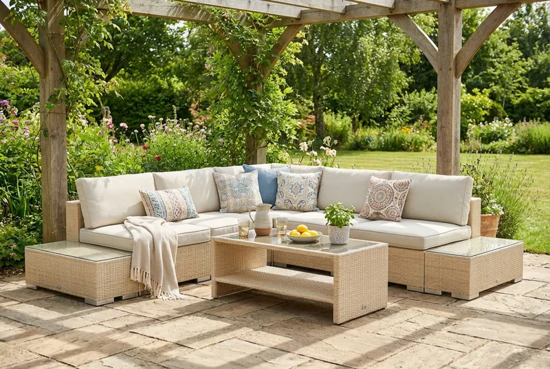 Bahamas udendørs hjørnesofa 5-pers vendbar med åben afslutning og bord med hylde - Beige - Have - Udendørs miljø - Altan & terrasse - Altanmøbler